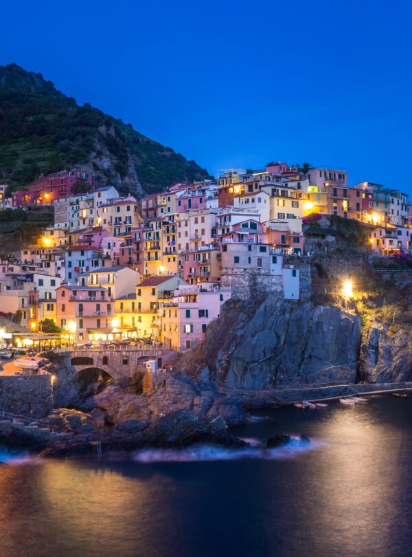 Beautiful view of lights in manarola village of cinque terre italy